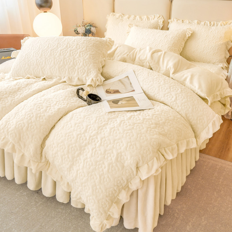 冬季夹棉加厚牛奶绒被套单件两用双面加绒公主风荷叶花边加棉被罩
