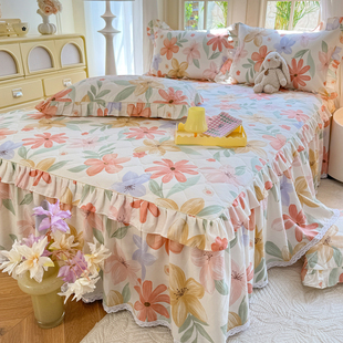 2025新款 公主风亲肤纯棉防滑加厚床罩三件套 全棉单件夹棉床裙韩式