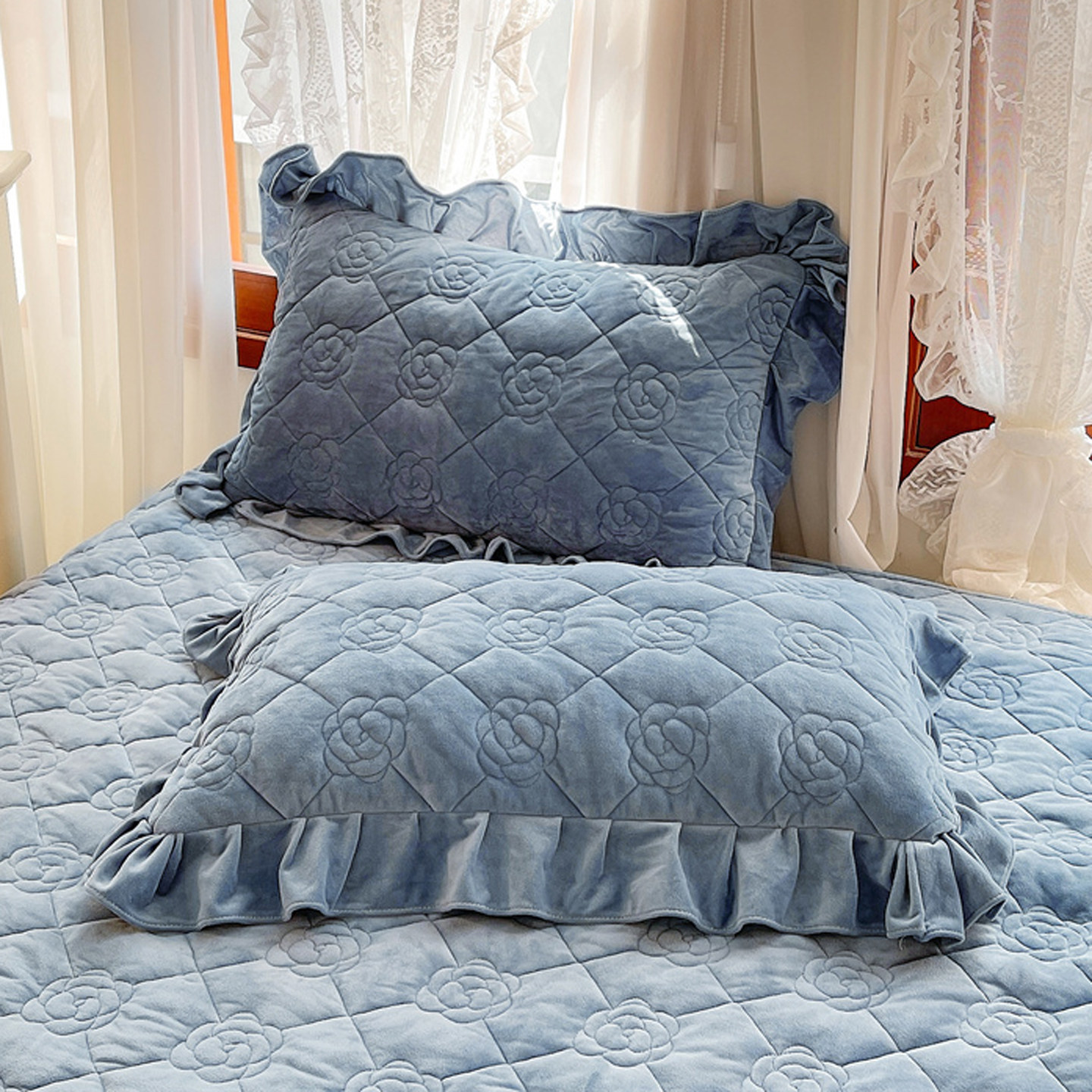 秋冬夹棉绗缝加厚宝宝婴儿绒枕头套一对装荷叶花边枕头芯套内胆套