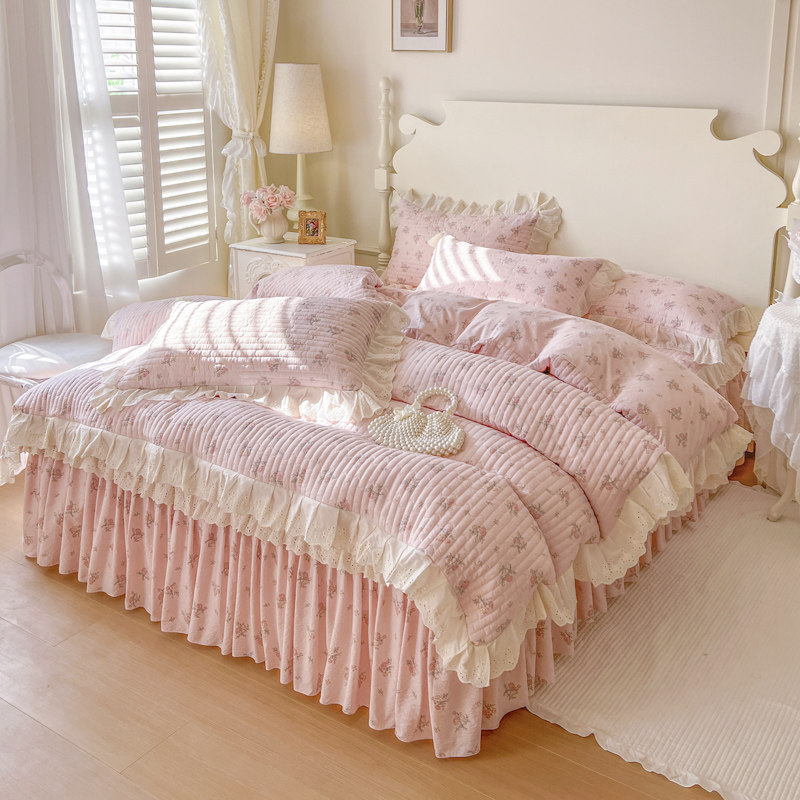 韩版印花竹节纱床笠式床裙四件套小碎花四季通用全包防滑床罩被套
