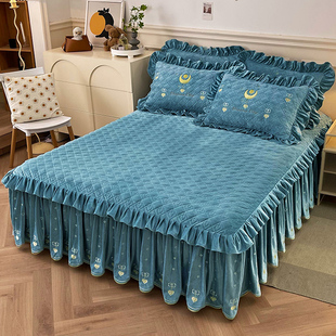欧式 床罩单件夹棉加厚1.8x2.0床围保护套 高档刺绣A类婴儿绒床裙式