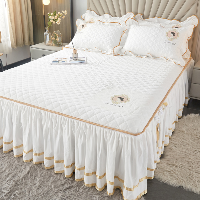 纯色大豆夹棉床笠式床裙款二合一体单件白色床罩全包防滑四季通用