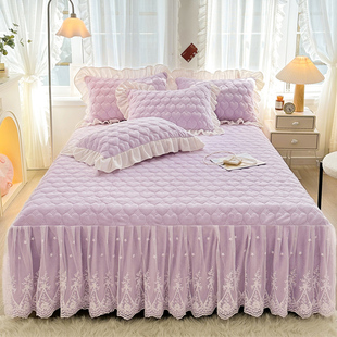 加厚牛奶绒床裙式 床罩单件高级感蕾丝花边夹棉床单三件套保护套冬