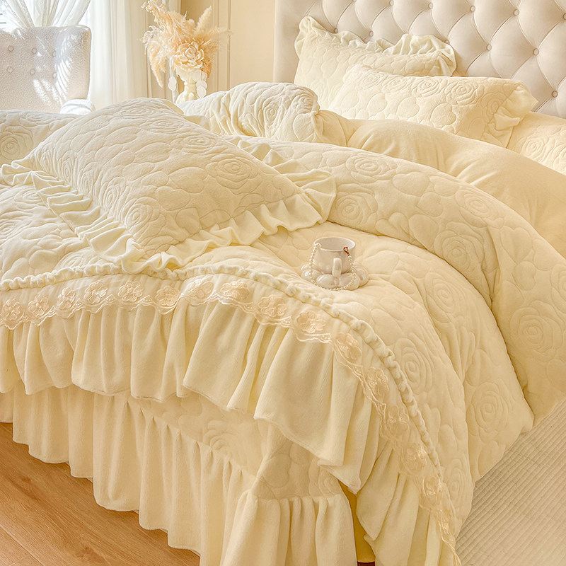 公主风牛奶绒夹棉被套单件韩式秋冬双面加绒加厚珊瑚绒被单四件套