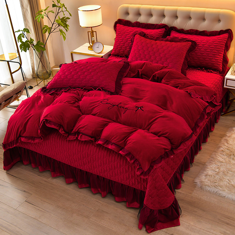 水晶绒四件套韩式酒红色保暖