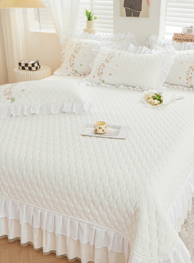 韩式花边纯色夹棉床盖单件白色公主风榻榻米床铺盖三件套四季通用