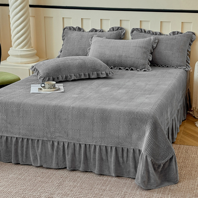 韩式纯色牛奶婴儿绒夹棉绗缝床盖单件加厚荷叶花边床单三件套秋冬