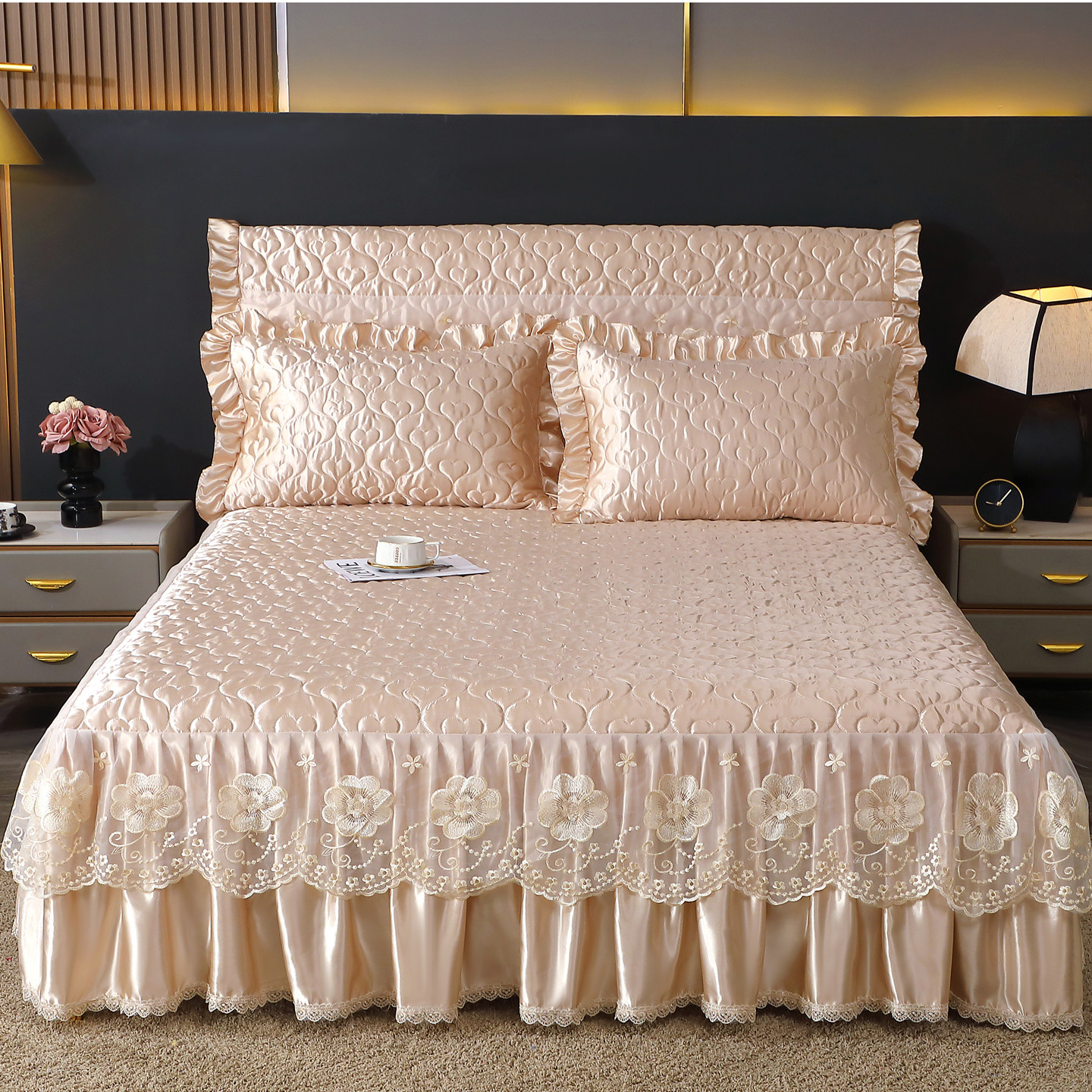 欧式高端仿真丝夹棉床裙式床罩单件公主风蕾丝花边床盖床单保护套,床上用品,床裙,淘宝优惠券,粉丝福利购,淘宝优惠卷