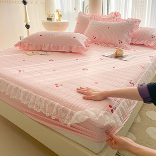 a类全棉夹棉绣花床笠罩带花边床单100纯棉全包防滑固定床罩三件套