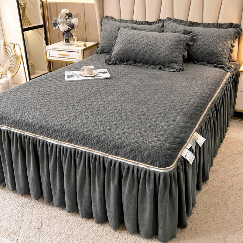 欧式轻奢高端牛奶绒床裙单件带床笠可拆卸花边床罩夹棉加厚防滑冬