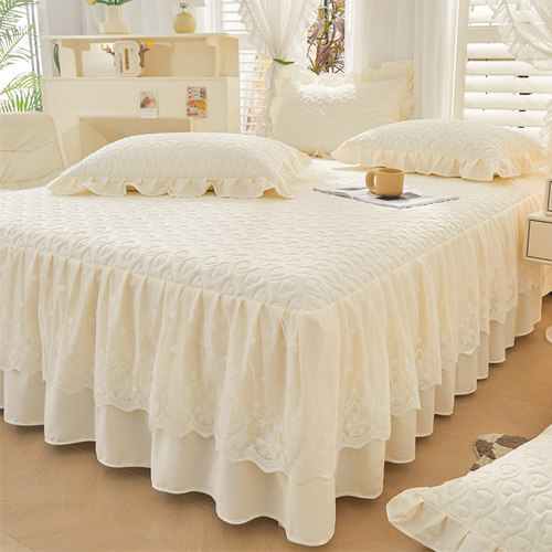 全棉夹棉床笠式床裙单件花边床罩