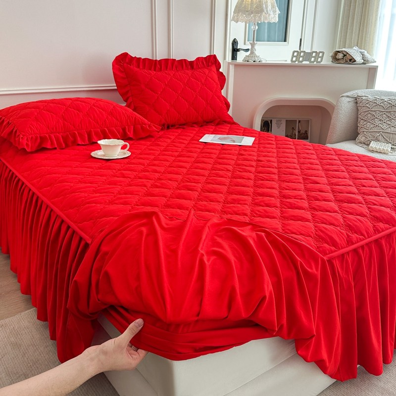 大红床笠式床裙二合一三件套纯色婚庆结婚单件夹棉防滑床罩床头罩,床上用品,床裙,淘宝优惠券,粉丝福利购,淘宝优惠卷