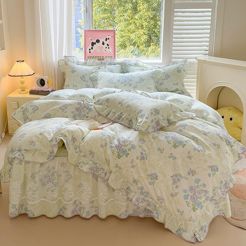 全棉床裙式床罩款四件套纯棉被套床单四季通用田园公主风床上用品
