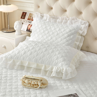 纯色A类水洗棉夹棉绗缝枕套一对装 单人48x74cm公主风花边枕芯套子