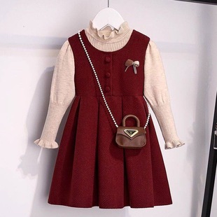 女童红色拜年服连衣裙2026新款冬季大童女孩过年毛衣裙子儿童套装