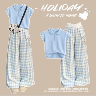 女童夏季格子阔腿裤套装2025新款中大童学院风POLO领T恤两件套潮