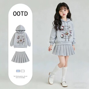 女童可爱卡通连帽卫衣套装早春装2026新款儿童学院风百褶裙两件套
