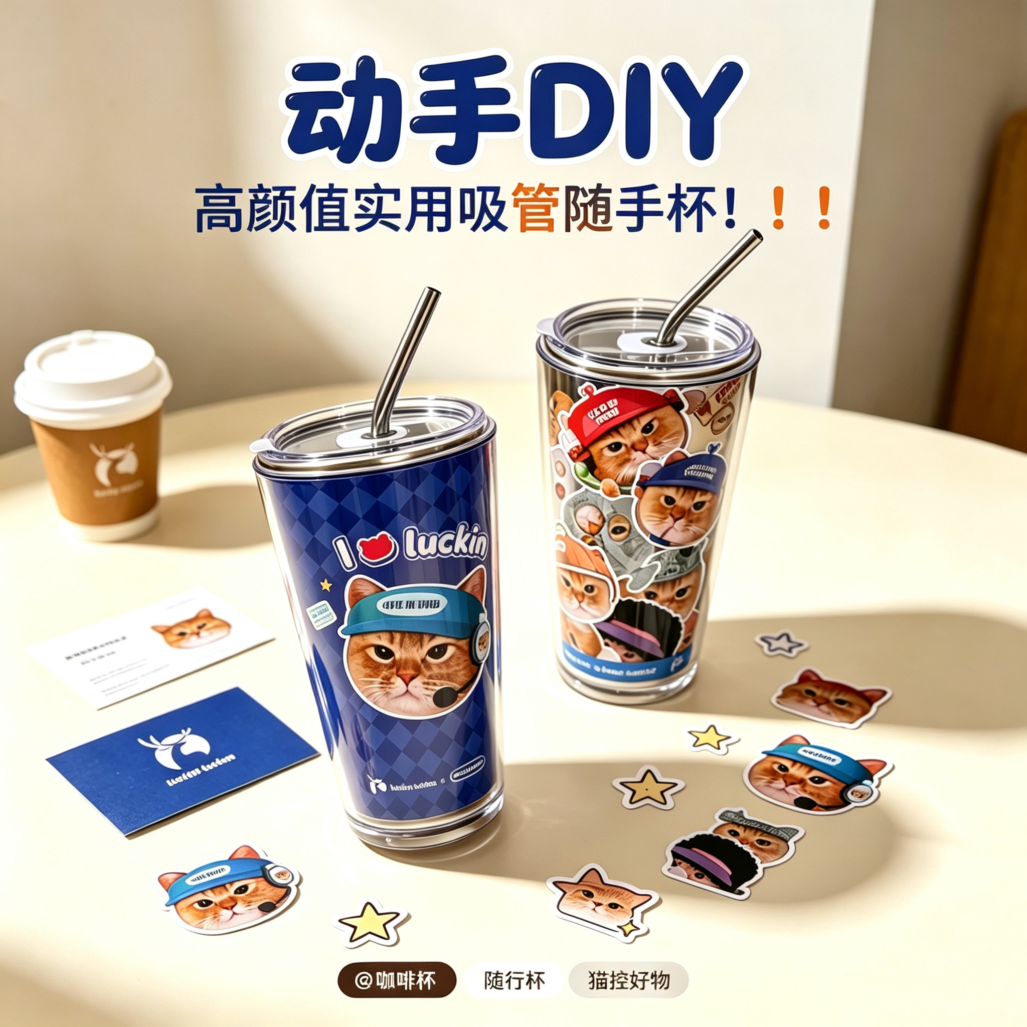 瑞幸联名猫猫PP杯diy改造304不锈钢陶瓷内胆杯盖子吸管亚克力外壳