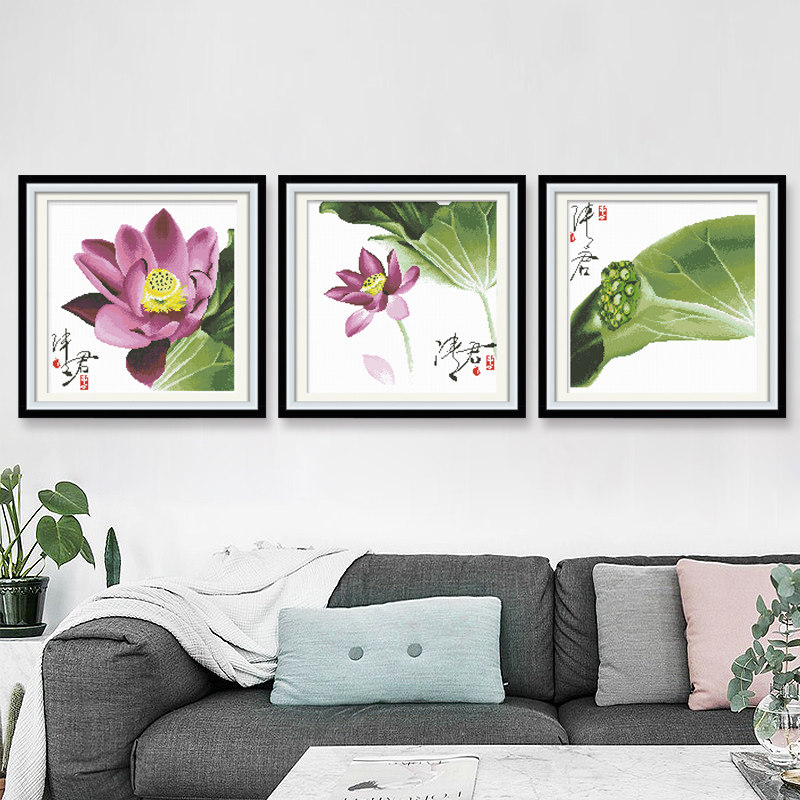 十字绣荷花三联画家用手工大幅客厅卧室中国风2025线绣新款自己绣