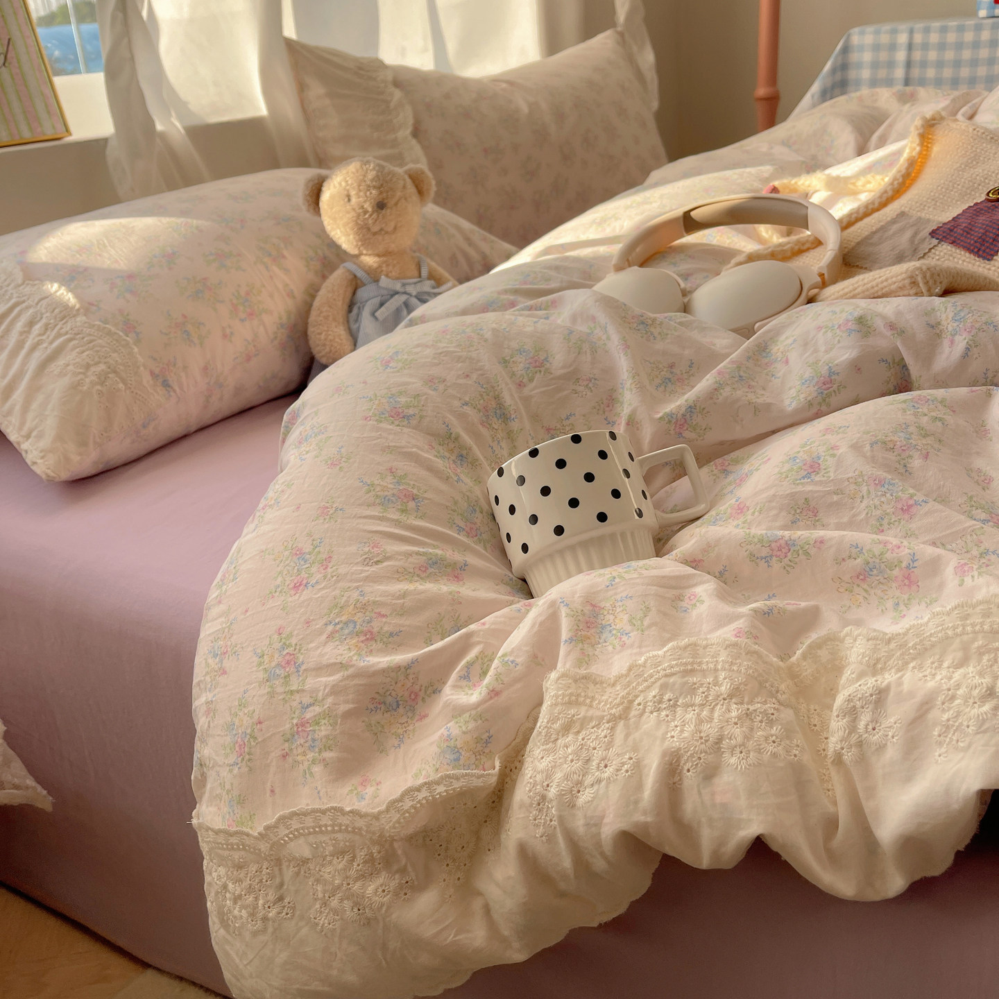 ins小碎花蕾丝花边软糯床上四件套女生被套学生宿舍床单人三件套4,床上用品,床品套件/四件套/多件套,淘宝优惠券,粉丝福利购,淘宝优惠卷