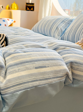 ins100全棉色织大提花四件套纯棉简约条纹文艺风被套床单人三件套