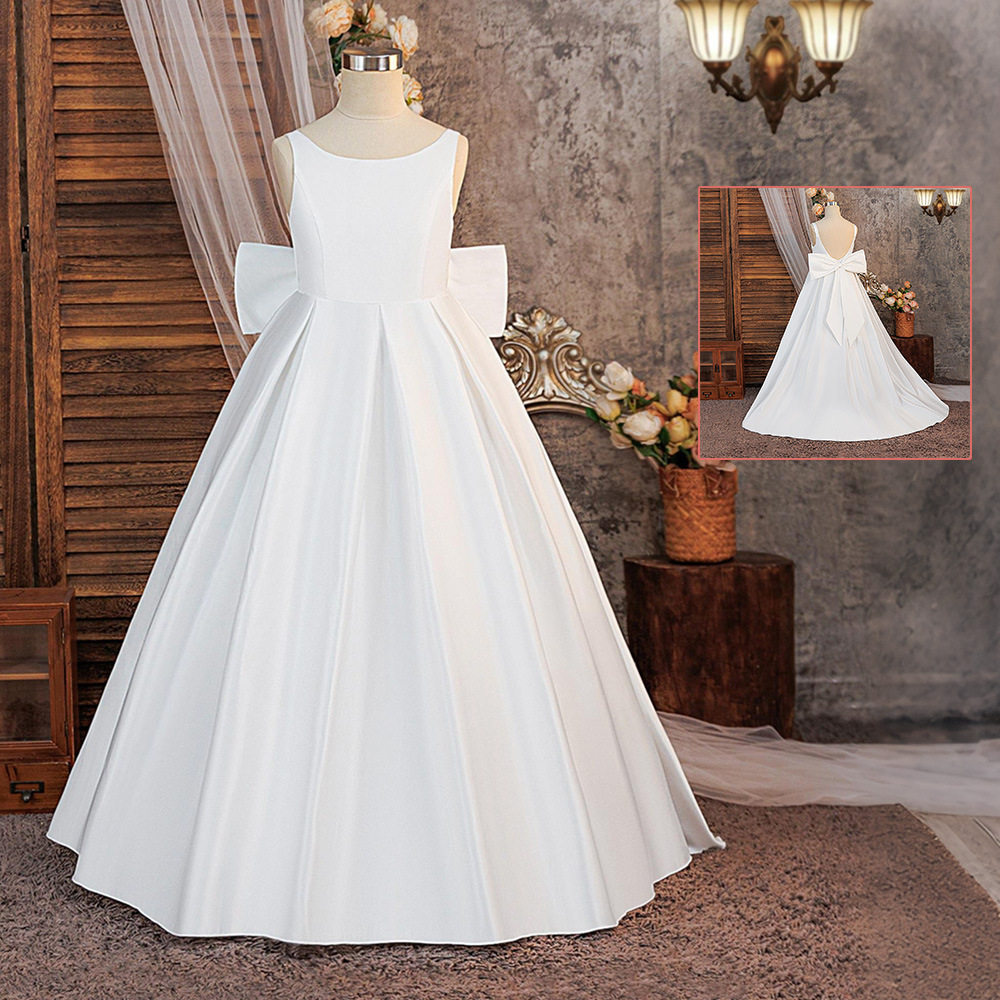 女童白色礼服裙中大童露背V领裙