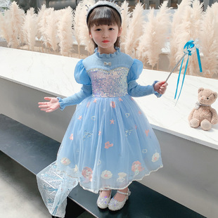 秋冬女童美人鱼公主裙cosplay爱丽儿针织毛衣裙泡泡袖 高端精品裙