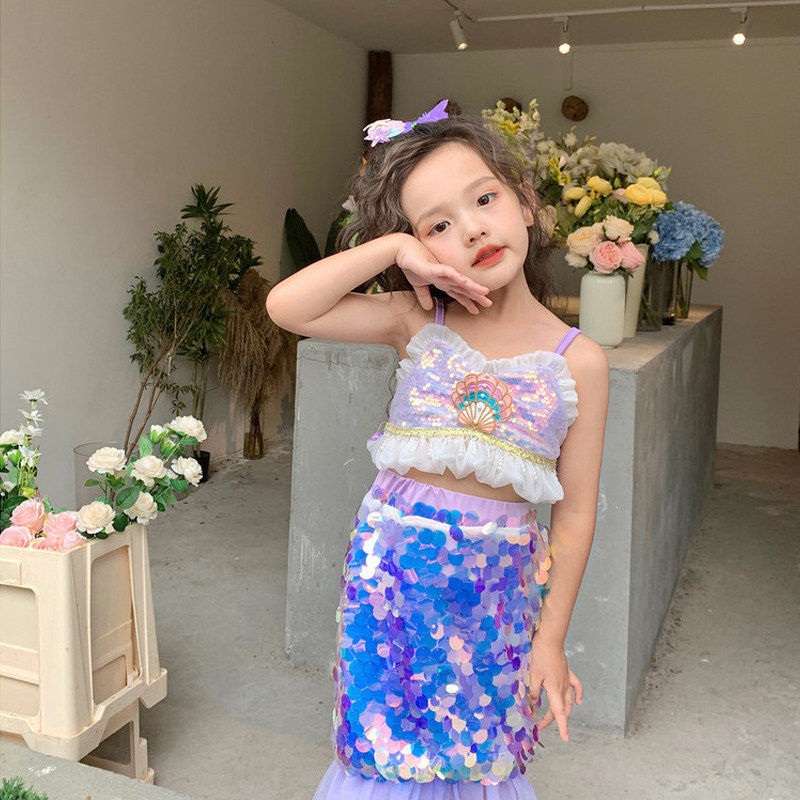 夏季新款女童美人鱼公主裙吊带漏肚脐上衣修身短裙两件套舞蹈服装