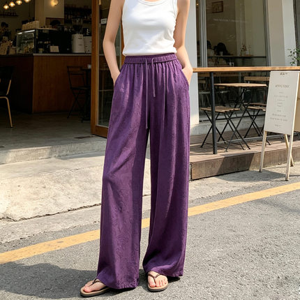 纯色棉绸阔腿裤女2026夏季新款抽绳新中式提花高腰显瘦慵懒休闲裤