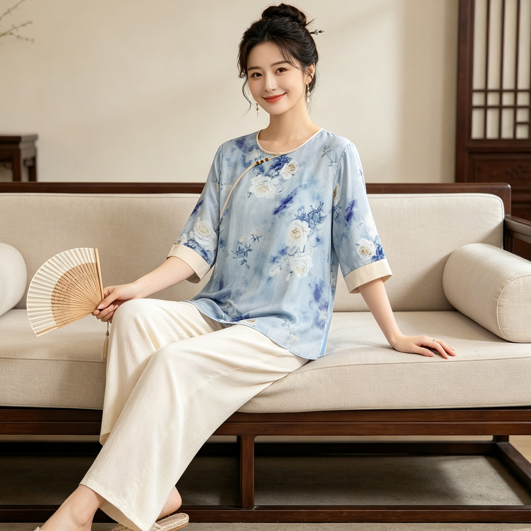 新中式国风女士棉绸睡衣夏季七分袖长裤大码妈妈外穿家居服套装薄