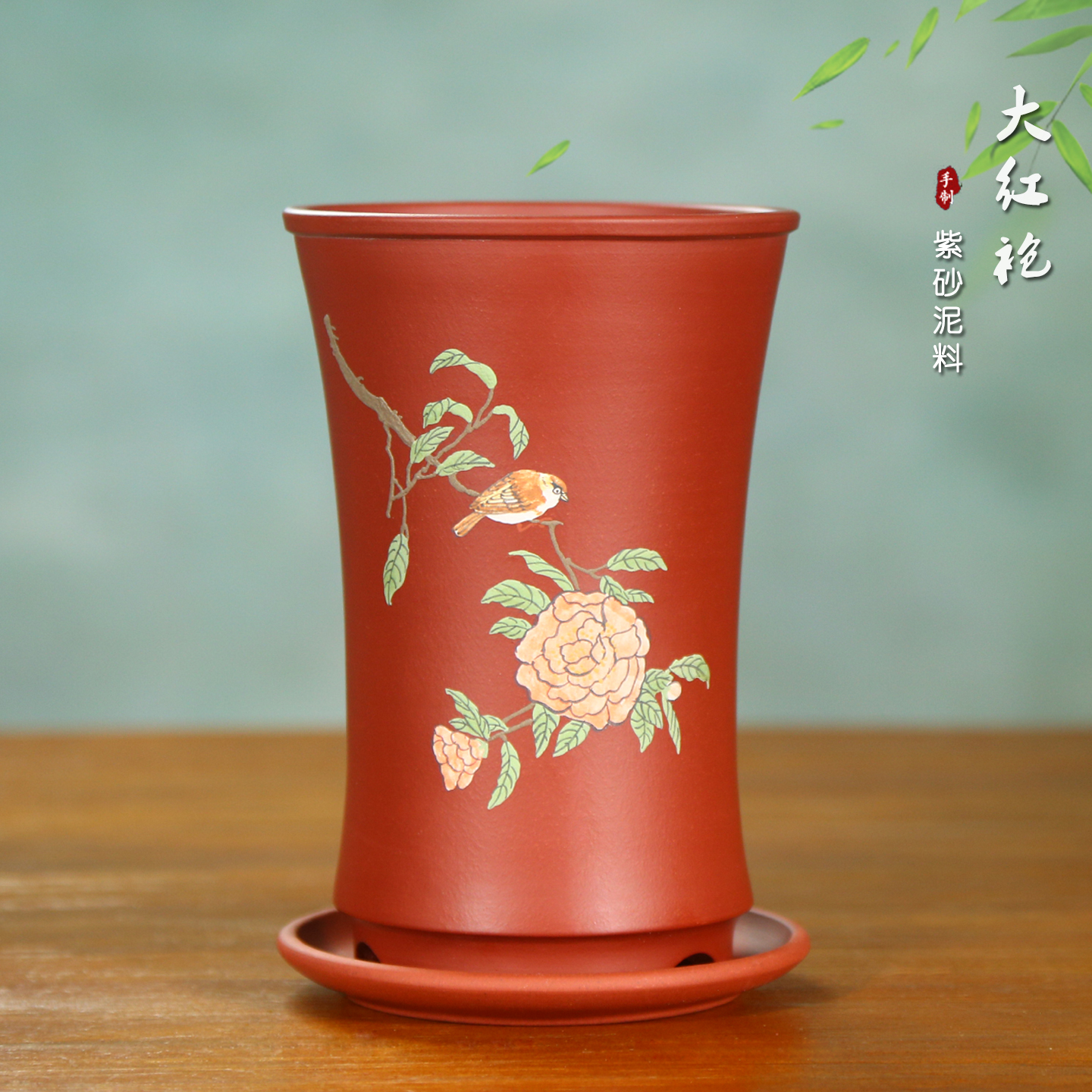 果绿泥古典束腰泥绘紫砂兰花盆