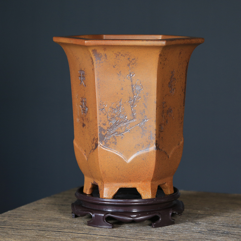 宜兴紫砂花盆柴烧六方兰花盆花卉绿植物盆栽大号手工花盆盆栽盆