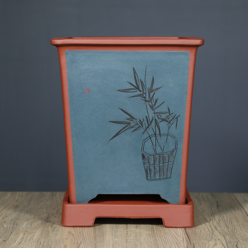 紫砂四方盆阳台庭院特大号植物盆景盆室内客厅创意刻绘榕树老桩盆