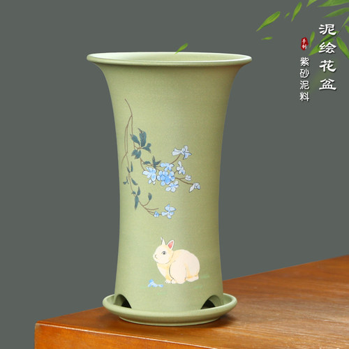 豆青泥紫砂古典泥绘透气兰花盆