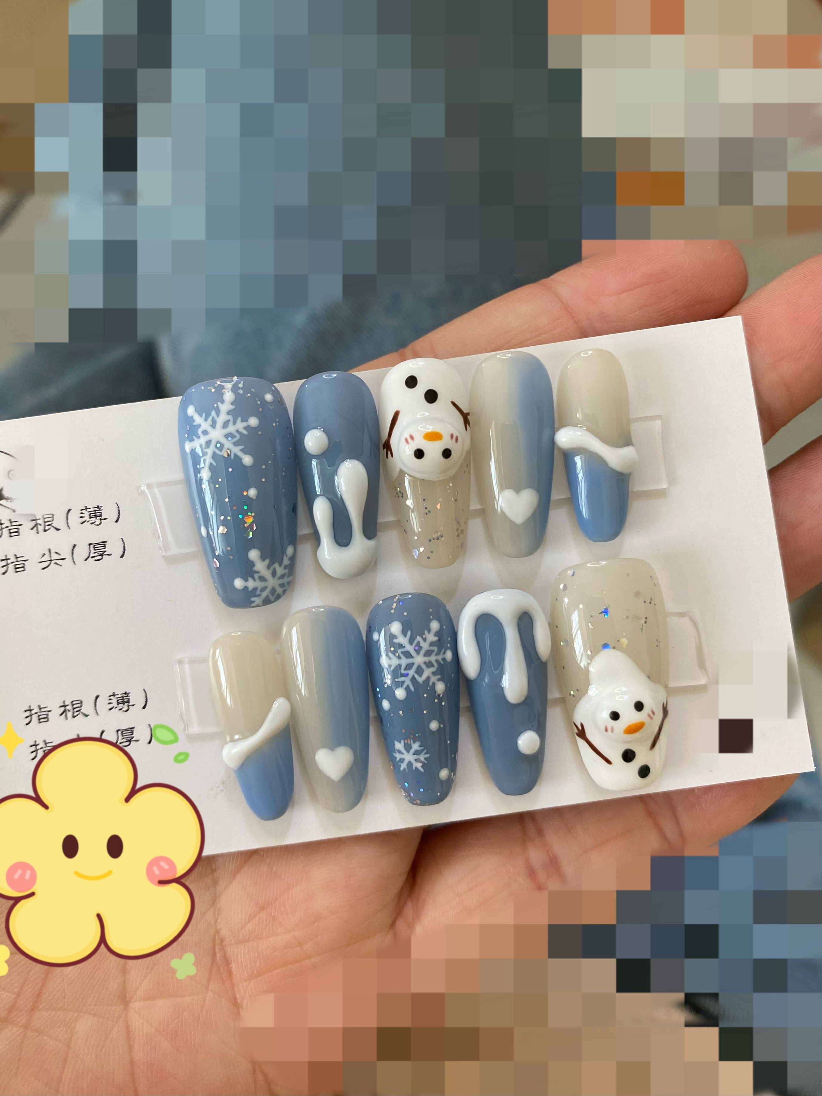 纯手工美甲贴片成品穿戴式穿戴甲定制短款蓝色雪堆立体雪人冬天