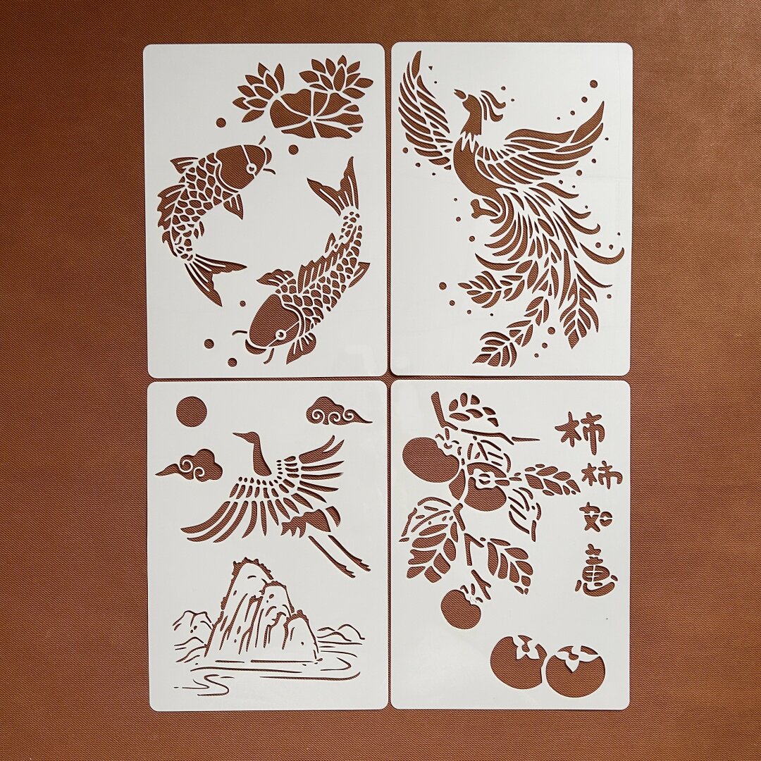 新春锦鲤凤凰图形中国风传统图案新年祝福镂空模板手工装饰贴纸