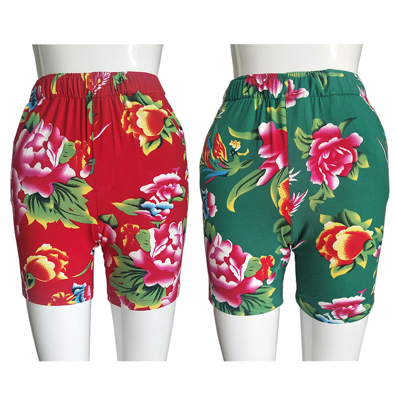 女运动热裤东北大花修身短裤跑步弹力显腿长民族风服装健美时尚