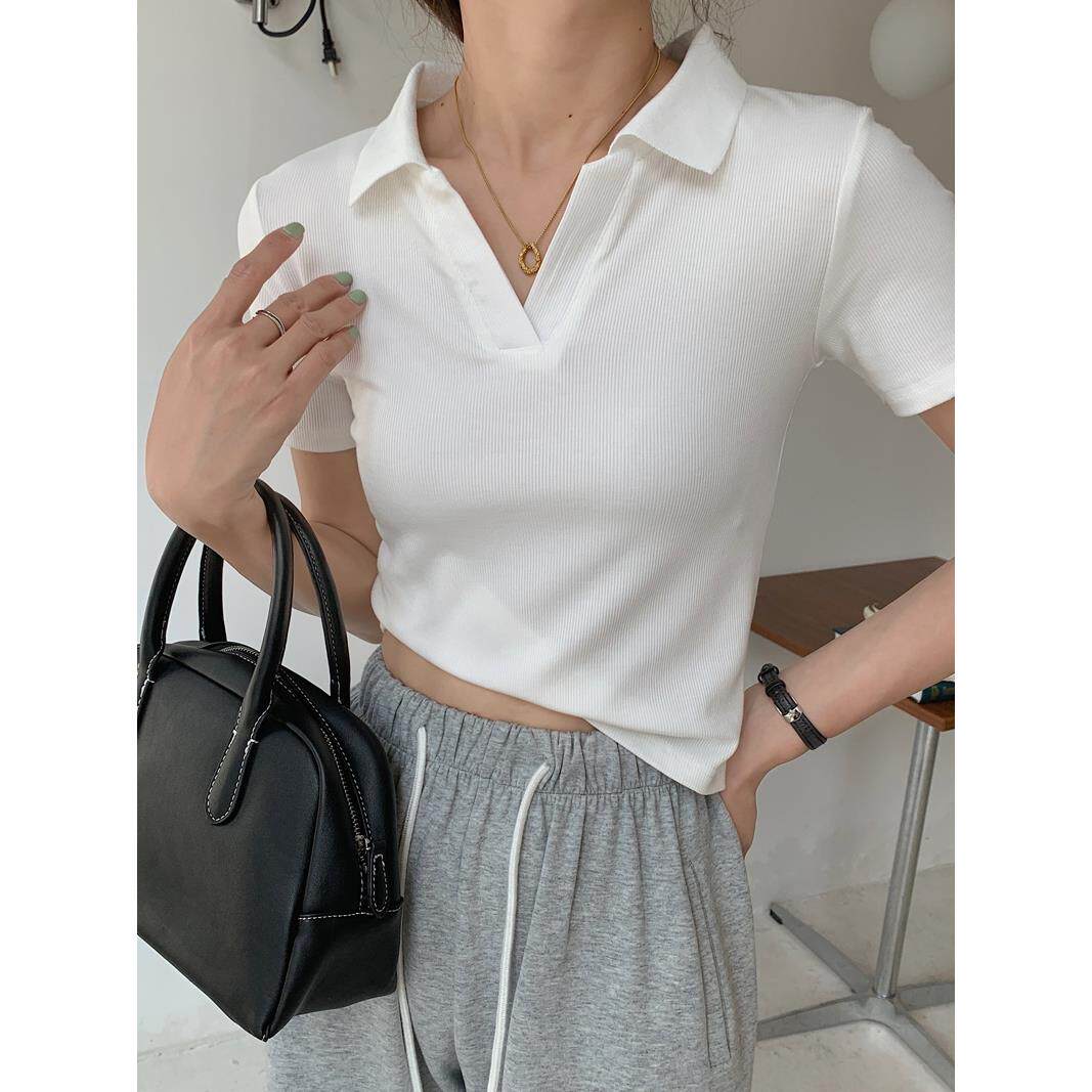 白色V领短袖T恤女夏小众设计感休闲百搭修身显瘦polo领辣妹上衣潮