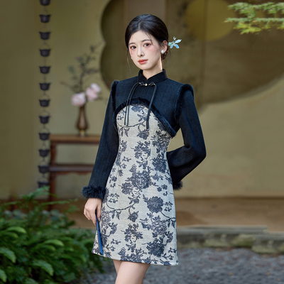 新中式加绒长袖短款改良旗袍冬款