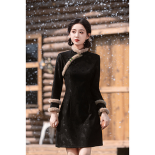 黑色短款旗袍小个子女冬装2025新款改良年轻款少女加厚长袖连衣裙
