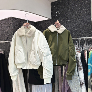 RAINBOW 韩版冬季23新款宽松百搭休闲翻领羊羔毛夹棉棒球服外套女