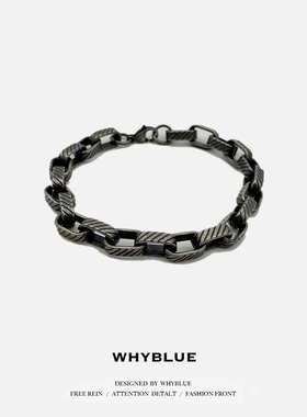 WHYBLUE 欧美嘻哈复古条纹钛钢男士手链潮牌简约百搭手饰品配饰潮