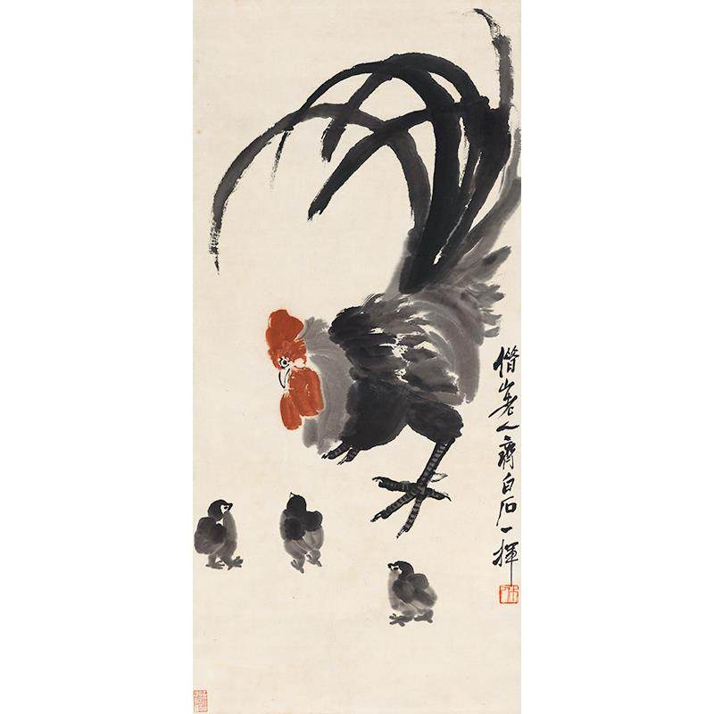 名画复制品齐白石教子图大写意水墨画鸡图国画艺术微喷临摹装饰画