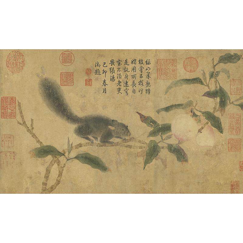 传世名画高清复制元代钱选桃枝松鼠图国画花鸟动物艺术微喷装饰画