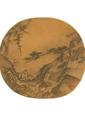 高清复刻宋画小品马远松岩观瀑图国画禅意山水人物艺术微喷装饰画