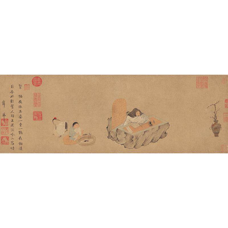 高清复刻元代钱选西湖吟趣图国画工笔画人物画禅意隐居微喷装饰画