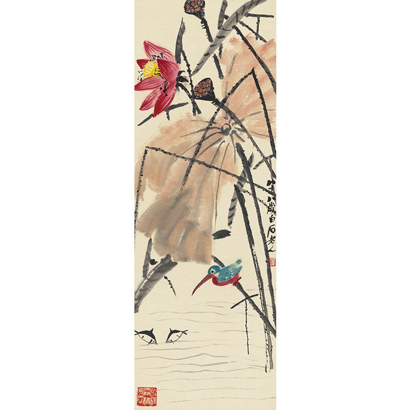 1:1齐白石荷花翠鸟写意花鸟画国画艺术微喷古代名画复制品装饰画