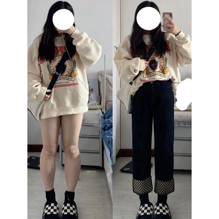 棋盘格卷边裤子女秋冬胖妹妹大码高腰显瘦黑色直筒阔腿牛仔裤加绒