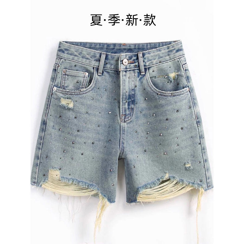 夏季满天星烫钻牛仔短裤女2025新款胖妹m宽松显瘦百搭休闲破洞裤