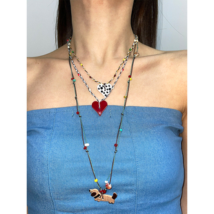 复古童趣多巴胺小狗吊坠项链小众设计彩色串珠叠戴毛衣链锁骨链